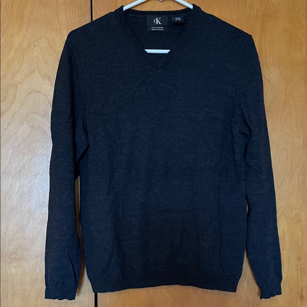 Calvin Klein Men's Dark Gray Charcoal V-neck extra fine merino wool Sweater